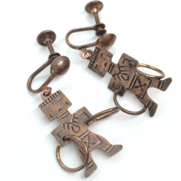 3/$30 VINTAGE SOUTHWEST STYLE COPPER KACHINA DOLL HOOP DANCER EARRINGS - Picture 9 of 11